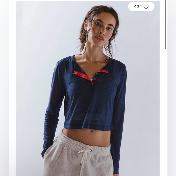 free people movement Tops - Free People Movement Sheer Pop Henley Blue Orange Long Sleeve size medium